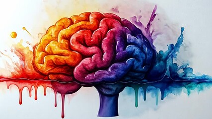 Poster - Colorful artistic representation of a brain with vibrant splashes on a light background