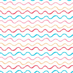 Poster - Seamless pattern with colorful doodle wavy lines. Pencil chalk Crayon textured Child drawn scribbles. Abstract Playful cute Background for fabric, cover, packaging, wallpaper kids Design