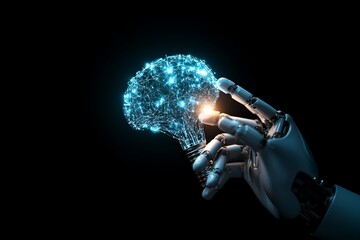 Poster - A robotic hand grasps a digital brain that glows brightly, depicting the fusion of technology and intelligence, innovation, and the dawn of AI in a modern context.