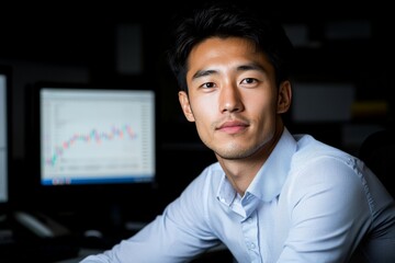 Poster - A focused man sits by his computer monitor analyzing market trends, filled with charts and graphs indicating business analysis and economic forecast.