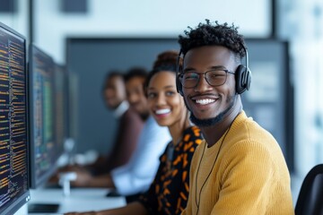 Poster - A smiling programmer wears a headset, working in a modern office, signifying the harmony of teamwork, coding proficiency, and an upbeat professional atmosphere.