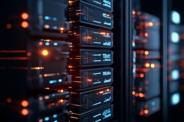 Poster - Rows of data servers emit a blue and orange glow in a high-tech server room, symbolizing data storage, technology, and the future of cloud computing.