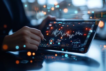 Poster - A close-up of hands using a digital tablet displaying stock market data, representing modern investment strategies, financial analytics, and economic growth potential.