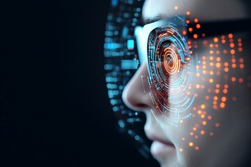 Poster - A close-up of a person's eye behind glasses, reflecting intricate digital patterns and data visuals, representing the nexus of vision and technology.