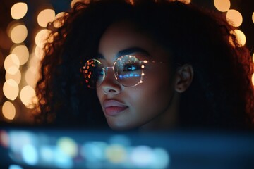 a close-up view of a coder's reflective glasses showcases the mesmerizing glow of computer screens, 