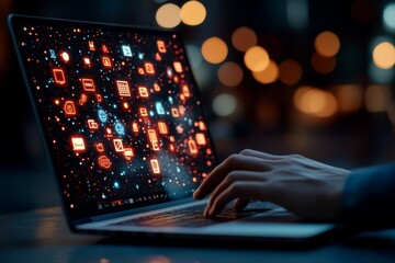 Poster - This image features hands typing on a laptop with colorful digital icons hovering around, representing online connectivity, modern technology, and innovation.