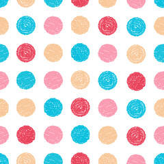 Poster - Funny kids polka dot seamless pattern. Hand drawn spots background. Child Chalk Crayon Pencil texture drawings. Spotted art pattern for packaging wrapping cover wallpaper textile print