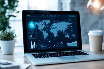 Poster - A laptop screen showcases an illustrative global network interface with various geographic graphics, highlighting connectivity, analysis, and technology-related workflows.