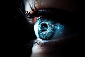 Poster - An extreme close-up of a human eye reflects a futuristic digital interface, showcasing the convergence of technology, surveillance, and visionary innovation.