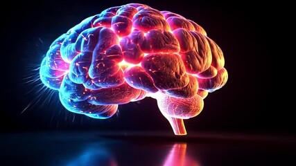 Poster - A vibrant illustration of a human brain glowing with colorful light against a dark background
