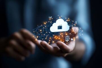 Fototapete - A hand extends forward, showcasing a digital cloud integrated with security symbols, highlighted by numerous network connections over a dark backdrop.