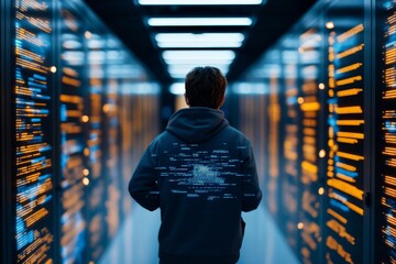 Poster - A person in a hooded jacket walks through a dimly lit corridor in a data center, surrounded by illuminated server racks representing technology and information flow.