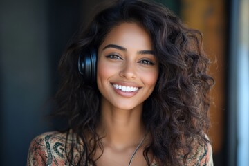 A beautiful woman with curly hair and a long smile wearing headphones, enjoying music. The image exudes calmness and joy in a natural lighting environment.