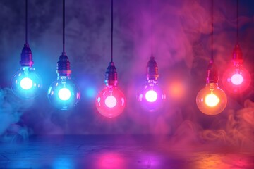 Poster - Vibrant Hanging Light Bulbs in a Colorful Misty Atmosphere