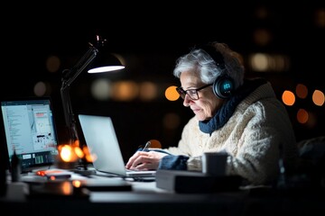 Poster - An elderly woman using a laptop in a dimly lit room during nighttime, symbolizing lifelong learning, adaptability, and dedication to modern technology.