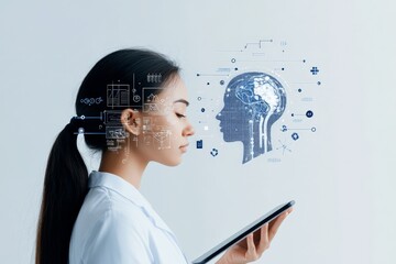 Poster - A woman's profile is depicted with a digital brain and interface overlay, symbolizing the integration of technology and human intellect, showcasing modern innovation.