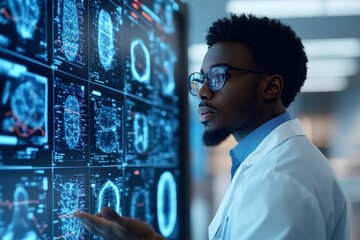 Poster - An attentive scientist in a lab coat examines digital brain scans on a high-tech display, representing medicine, analysis, and scientific advancements.