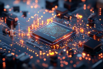 Poster - A close-up view displays a glowing computer chip on a complex circuit board, emphasizing futuristic technology, innovation, and digital advancement.