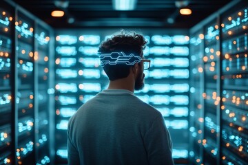 Poster - A man wearing futuristic eyewear stands in a neon-lit server room, symbolizing the fusion of technology and future-ready data processing environments.