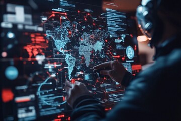 Poster - A person interacts with a high-tech digital interface featuring a world map and data visualization elements, conveying technology and global connectivity.