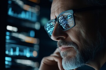 Poster - A person views data reflected in their glasses, representing close examination and focus on technology and the analytical processes involved.