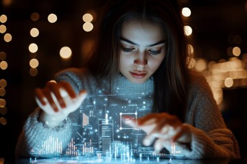 Poster - A young woman focuses intently on a holographic display, engaging with 3D elements, symbolizing curiosity, exploration, and technological aspiration in a digital age.