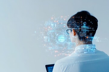 Poster - An individual studies an intricate digital data visualization displayed holographically, showcasing the intersection of technology and human cognition for modern innovation.
