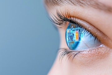 Poster - stock eye interacting with a digital interface, showing biotechnology and stock markets intersecting