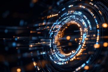 Poster - Dynamic abstract digital art in circular form, using blue and gold colors with futuristic themes, symbolizing technology, connection, and innovation in modern design.