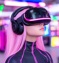 Poster - cyborg bionic human robot synthetic android in cyberpunk style, futuristic stock photo