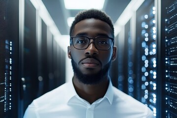 Poster - A man in a data server room is confidently standing among glowing server racks, epitomizing technological expertise and data management in the modern age.