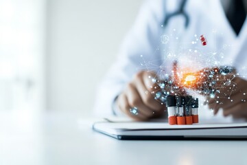 Poster - A scientist's hand in a lab interacts with digital data, representing a fusion of science and technology with futuristic holographic elements and vials.