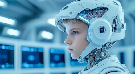 Poster - a blonde cyborg with ice blue eyes in a cybernetics center - stock photo