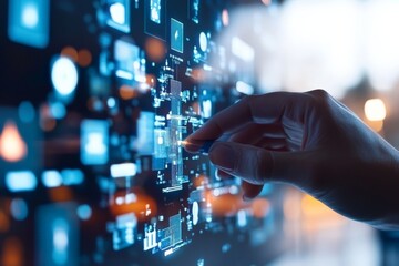 Poster - A hand interacts with a digital touch screen filled with intricate data and imagery, representing futuristic interaction with technology and virtual spaces.