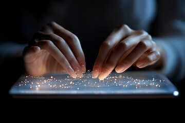 Poster - Two hands delicately interact with a glowing touch screen, producing a magical display of light and sparkles, suggesting innovation and creativity in technology.