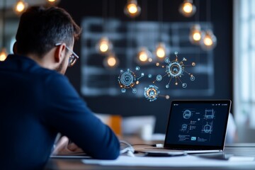 Poster - A professional analyzes complex data through modern, augmented reality interface, embodying the intersection of innovation and analytical problem-solving capacities.