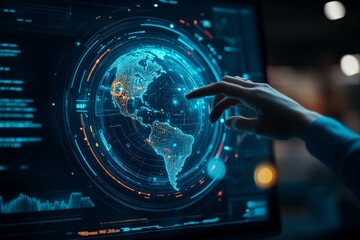 Poster - A hand interacts with a glowing digital interface of Earth on a screen, representing global connectivity and technological advances shaping our world.