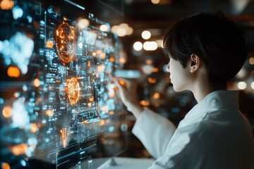 A scientist in a lab coat interacts with a futuristic digital screen interface, illustrating the intersection of cutting-edge technology and scientific exploration.