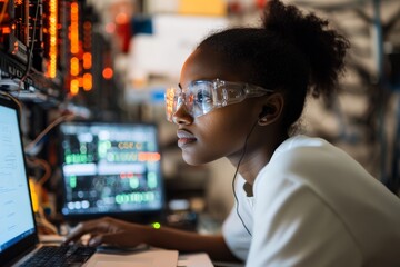 Poster - A young female technician diligently works on a computer, surrounded by server equipment, symbolizing modern technology, expertise, and focus on precision.