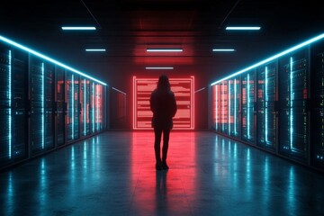 Poster - A solitary figure stands in a futuristic server room, accentuated by neon lights, reflecting the haunting beauty and vastness of modern digital infrastructures.