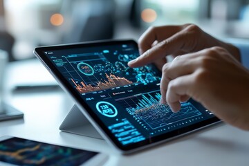 Poster - A person interacts with a tablet displaying detailed data visualizations, including graphs and metrics, symbolizing technology and analytics in business.