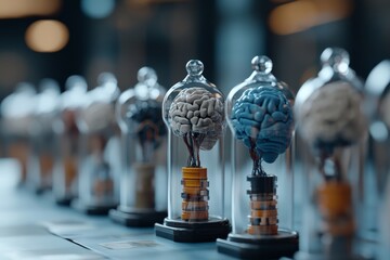 Poster - A row of artificial brains encased in glass domes, showcasing advanced technology and the concept of artificial intelligence in a futuristic setting.