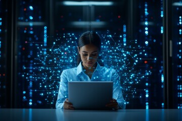 Poster - A woman engages with a tablet amidst a dynamic background of digital data holograms, epitomizing the fusion of technology, data, and futuristic concepts.