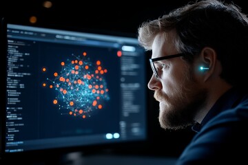 Poster - A man examines network data on his screen, representing the deep analysis and understanding required for managing complex systems in the tech industry today.