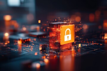 Poster - This image displays a digital lock symbolizing cybersecurity, highlighting protection and security in a digital network, with a modern and futuristic aesthetic style.