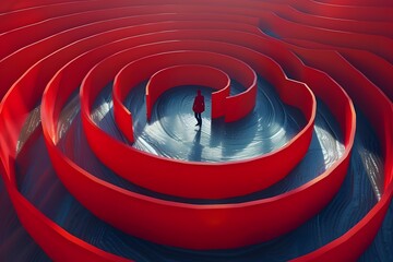 Wall Mural - A Solitary Figure in a Vibrant Red Spiral Maze