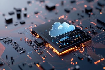 Poster - A microchip featuring a glowing cloud icon illustrates the concept of cloud computing, highlighting the integration of digital storage and computational technology.