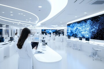 Poster - A scientist in a futuristic laboratory utilizes advanced technology and digital displays, encapsulating innovation, research, and cutting-edge scientific exploration.