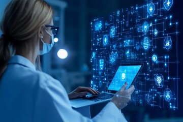 Poster - A medical professional wearing a mask, operating a laptop while surrounded by advanced digital graphics, illustrating the blend of modern medicine and technology.