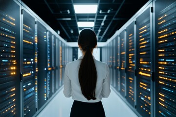 Poster - A professional stands in a high-tech server room, overseeing rows of illuminated server units, representing the critical role of IT infrastructure and data management.